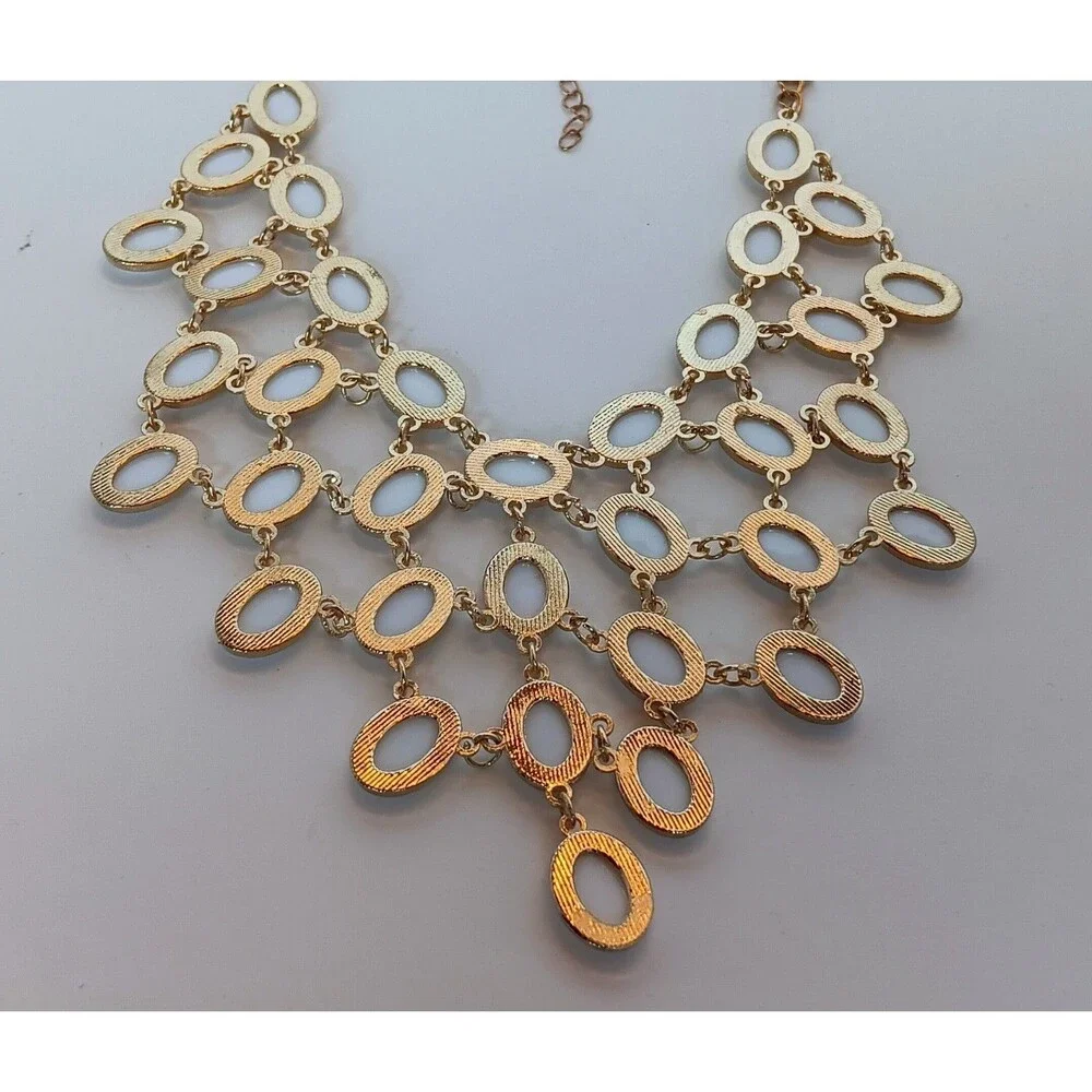 Vintage White Cabochon Bib Necklace Gold Tone Statement Necklace 16-19 in